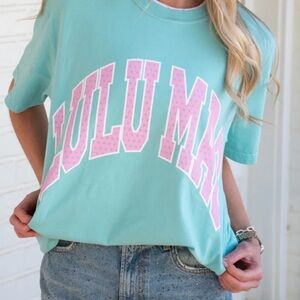 Mint Short Sleeve Graphic Tee with Pink Lettering